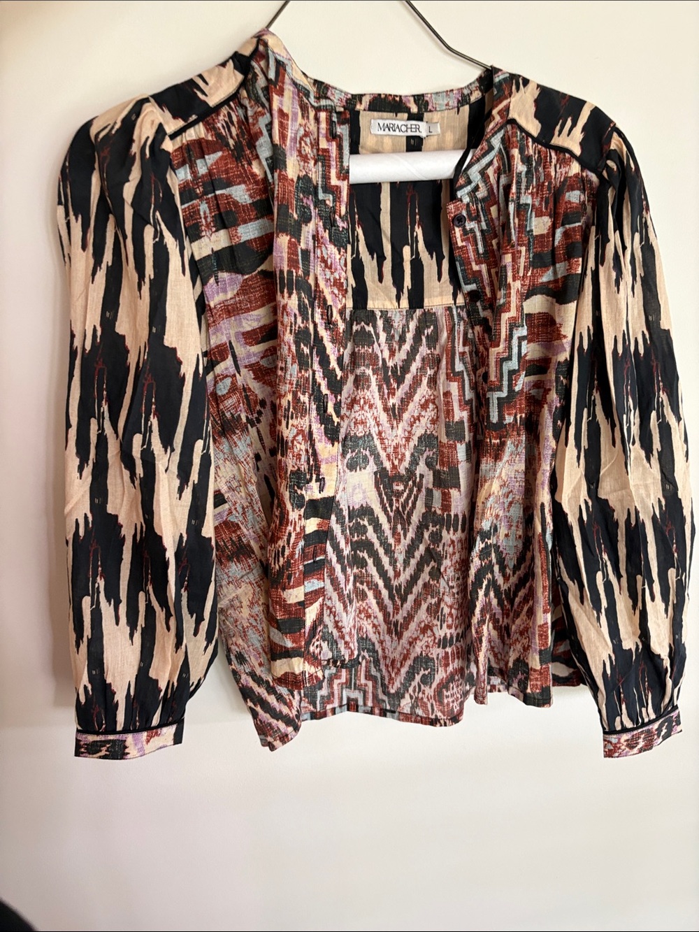 Multicolor Patterned Open Front Blouse - Beige & Black